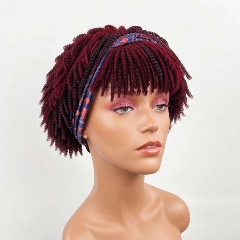 LinktoHiar Dark Red Highlights Glueless Twist Headband Short Wig With Bangs