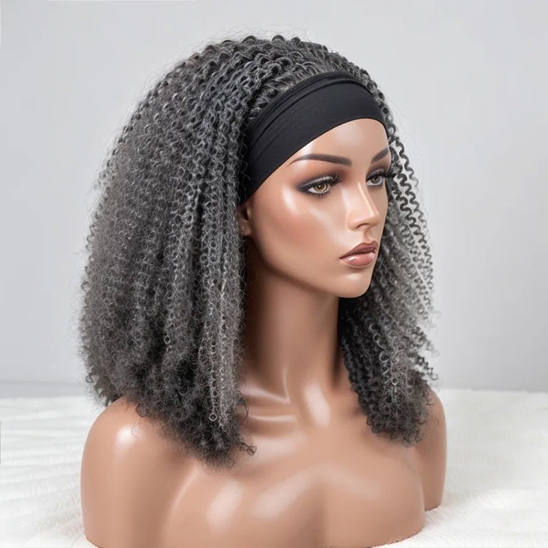 LinktoHiar Glueless Grey Coily Curly 100% Human Hair Headband Wig