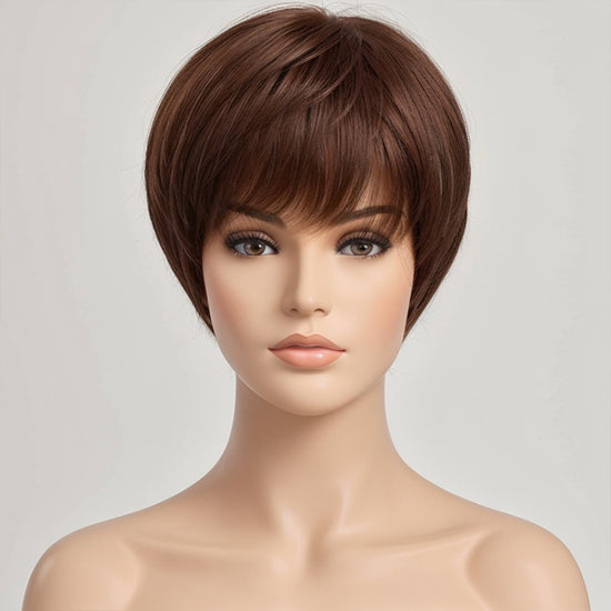 Brown Colored Layered Pixie Cut Short Straight Bob Wig With Bangs Ready & Go