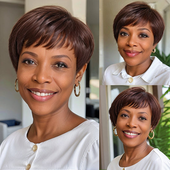 Brown Colored Layered Pixie Cut Short Straight Bob Wig With Bangs Ready & Go