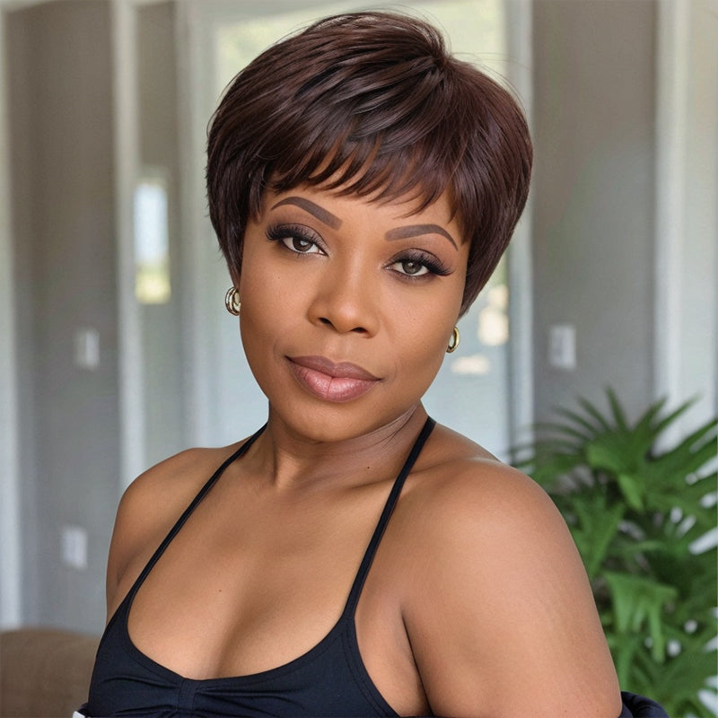 Brown Colored Layered Pixie Cut Short Straight Bob Wig With Bangs Ready & Go
