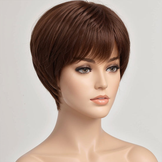 Brown Colored Layered Pixie Cut Short Straight Bob Wig With Bangs Ready & Go
