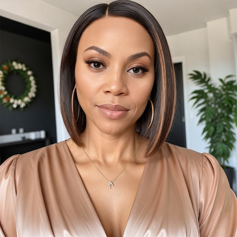 Linktohair Brown Highlight Side Part 13x4 Frontal Lace Short Bob Wigs