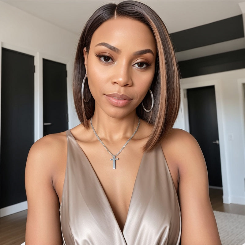 Linktohair Brown Highlight Side Part 13x4 Frontal Lace Short Bob Wigs