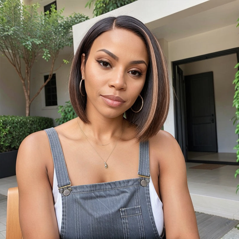 Linktohair Brown Highlight Side Part 13x4 Frontal Lace Short Bob Wigs