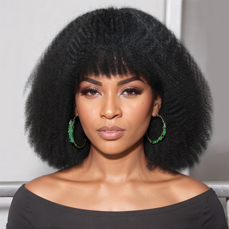 Linktohair Flash Sale | Wear & Go Natural Black Kinky Curly Afro Bob Wig With Bangs