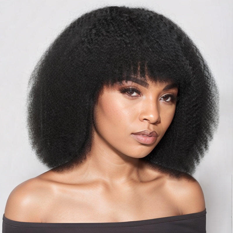 Put On & Go Natural Black Kinky Curly Afro Bob Wig With Bangs