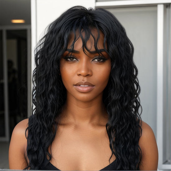 Linktohair Glueless Natural Black Wavy Curly Wig with Bangs 100% Human Hair Wigs