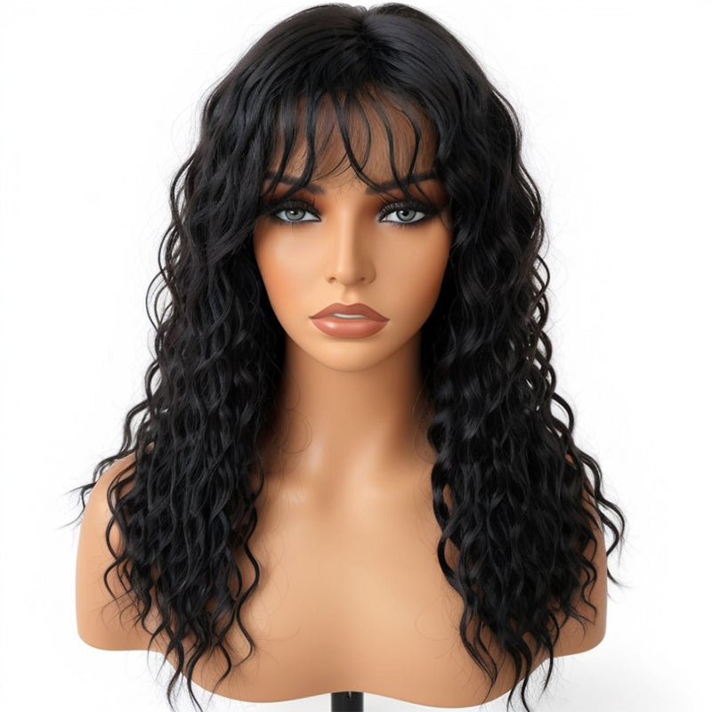 Salt And Pepper Wavy Curly Wig with Bangs 100% Human Hair Wigs Ready & Go
