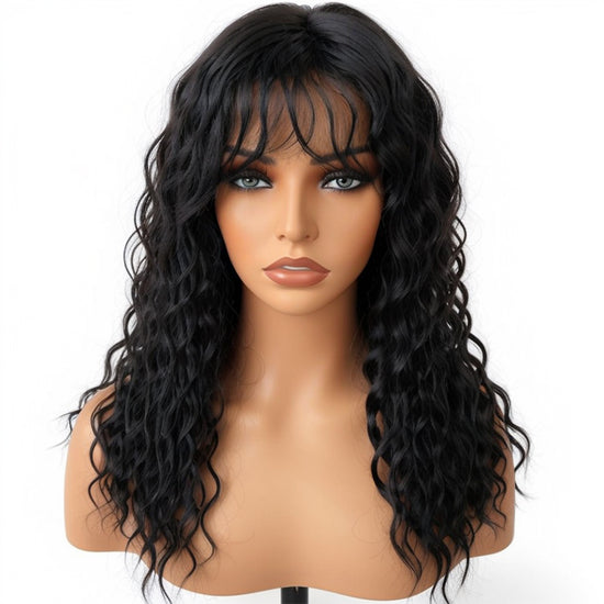 Salt And Pepper Wavy Curly Wig with Bangs 100% Human Hair Wigs Ready & Go