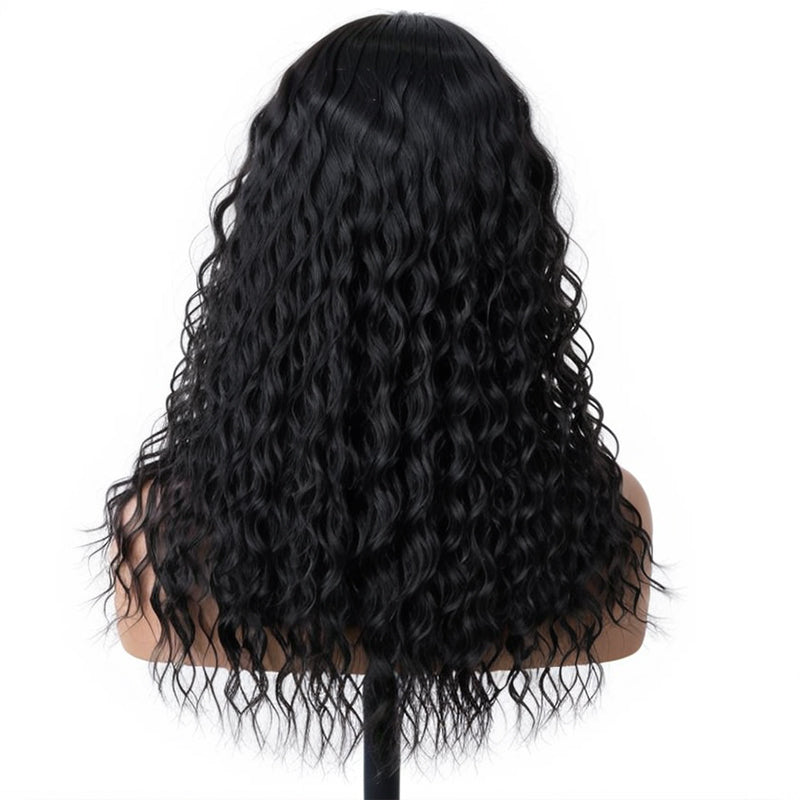 Linktohair Glueless Natural Black Wavy Curly Wig with Bangs 100% Human Hair Wigs