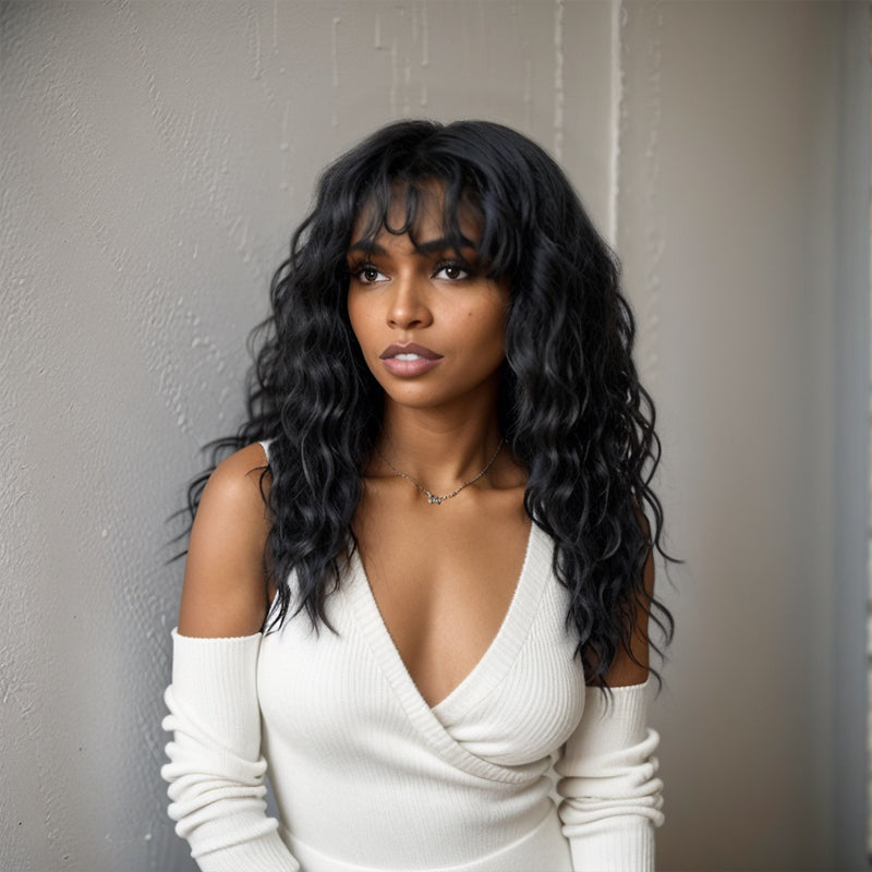 Salt And Pepper Wavy Curly Wig with Bangs 100% Human Hair Wigs Ready & Go