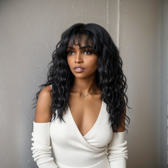 Salt And Pepper Wavy Curly Wig with Bangs 100% Human Hair Wigs Ready & Go