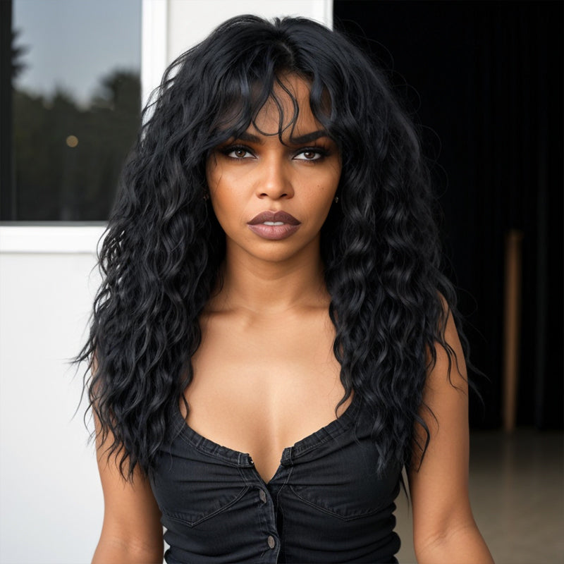 Salt And Pepper Wavy Curly Wig with Bangs 100% Human Hair Wigs Ready & Go