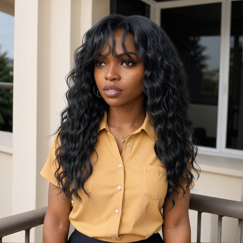 Salt And Pepper Wavy Curly Wig with Bangs 100% Human Hair Wigs Ready & Go