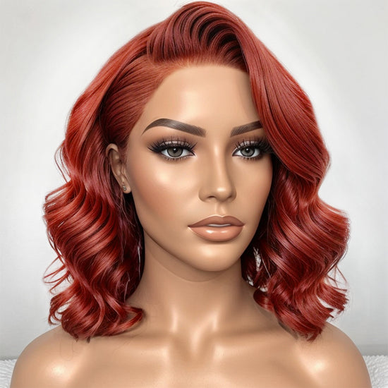 Linktohair Glueless Short Wigs Reddish Brown Wave Wig 5×5 Closure Lace Wig