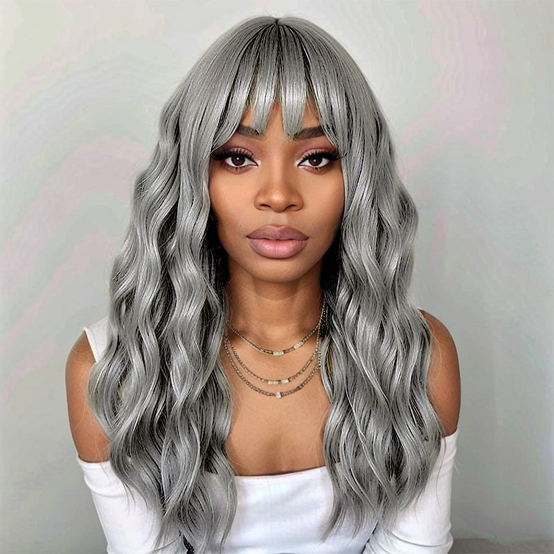 Load image into Gallery viewer, Linktohair Grey Colored Glueless Body Wave With Bangs Human Hair Suitable NY Hair Color
