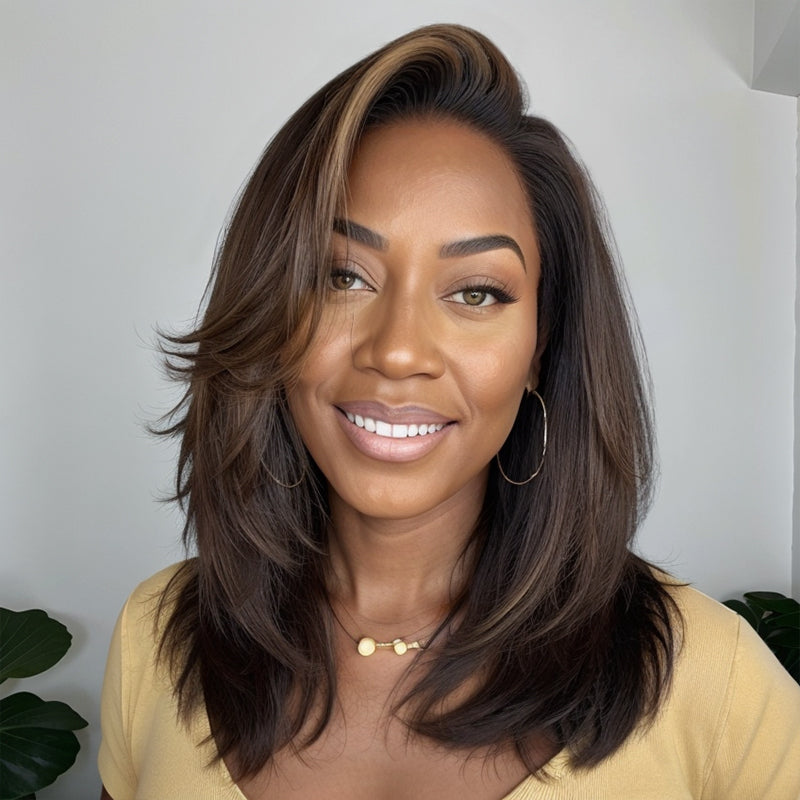 NY Hair Color Layered Cut Wavy Dark Brown with Blonde Highlights 13x4 Lace Front Wig
