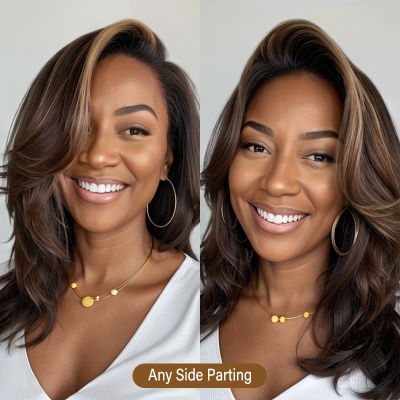 Load image into Gallery viewer, NY Hair Color Layered Cut Wavy Dark Brown with Blonde Highlights 13x4 Lace Front Wig
