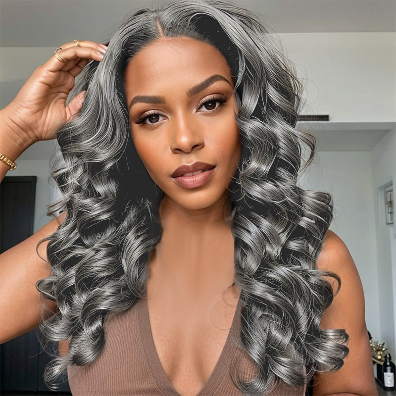 Linktohair Limited Design | Salt And Pepper Roll Curly Long Hair 13x4 Lace Front Wig 100% Human Hair
