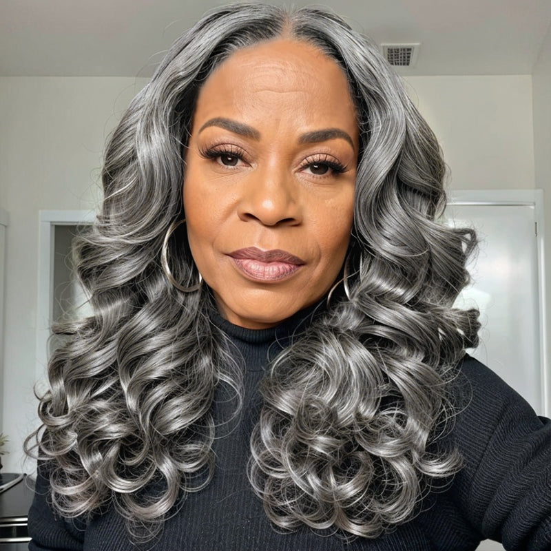 Linktohair Limited Design | Salt And Pepper Roll Curly Long Hair 13x4 Lace Front Wig 100% Human Hair