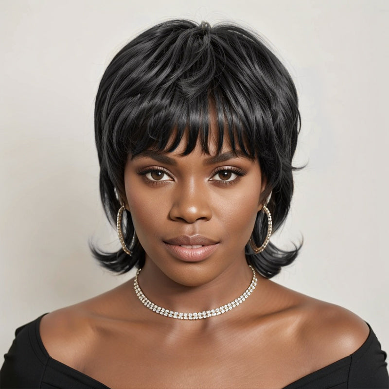 Load image into Gallery viewer, Linktohair Mullet Wigs Natural Black Layered Pixie Cut Short Bob With Bangs 100% Human Hair
