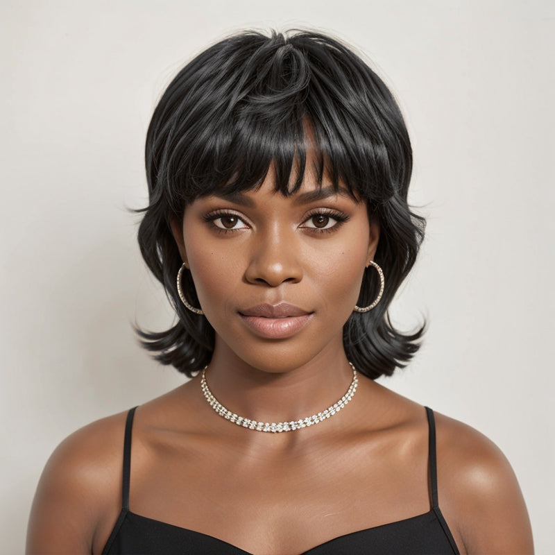 Load image into Gallery viewer, Linktohair Mullet Wigs Natural Black Layered Pixie Cut Short Bob With Bangs 100% Human Hair
