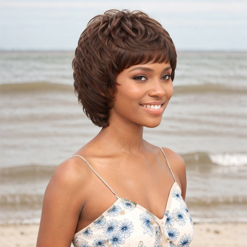 Linktohair Natural/Brown Hair Wig With Bangs Layered Cut Wigs For Black Woman