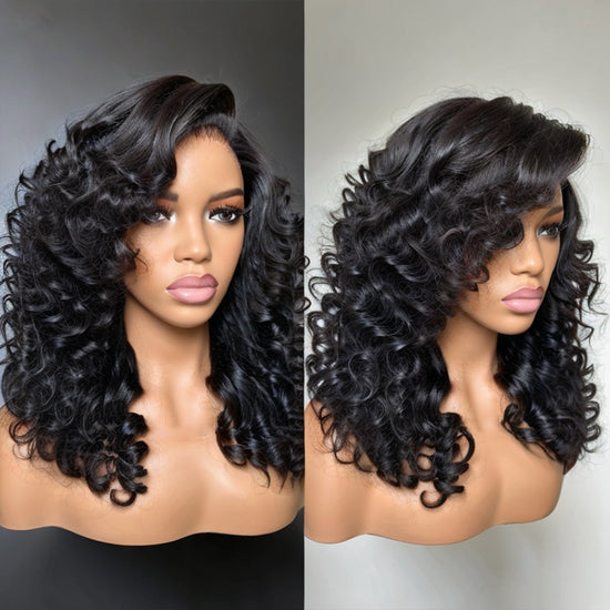 Linktohair Natural Layered Cut Bouncy Curly Wave 13x4 Lace Frontal Wig Human Hair