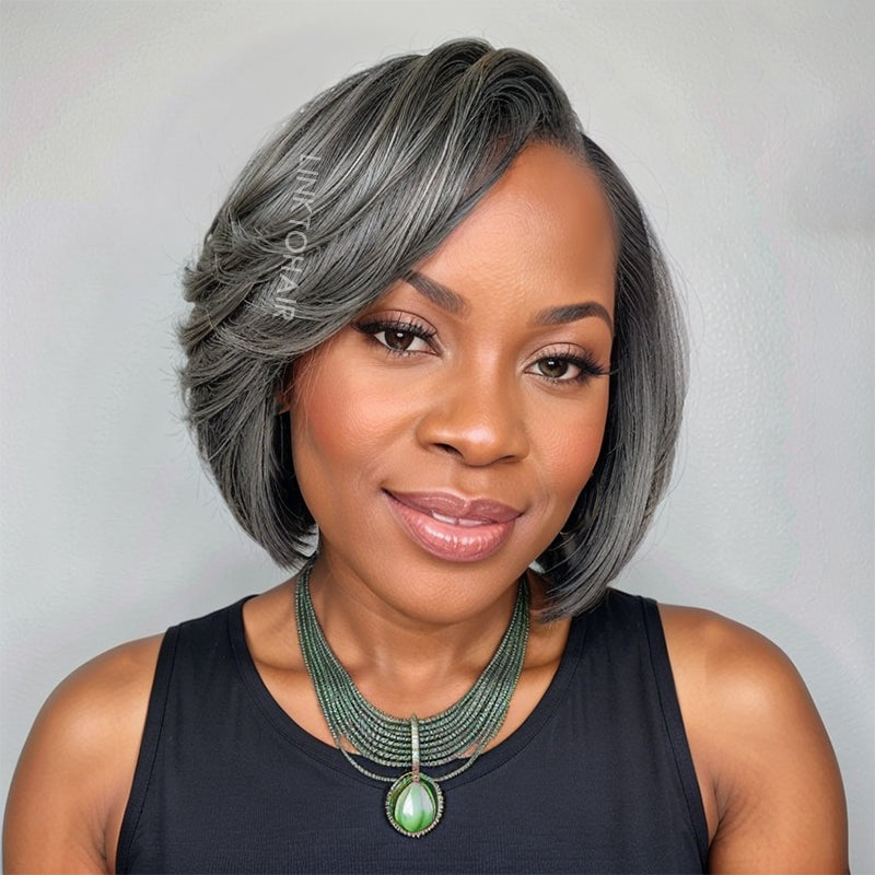 Linktohair Salt And Pepper Glueless Short Bob 5x5 Closure Lace Human Hair Wig