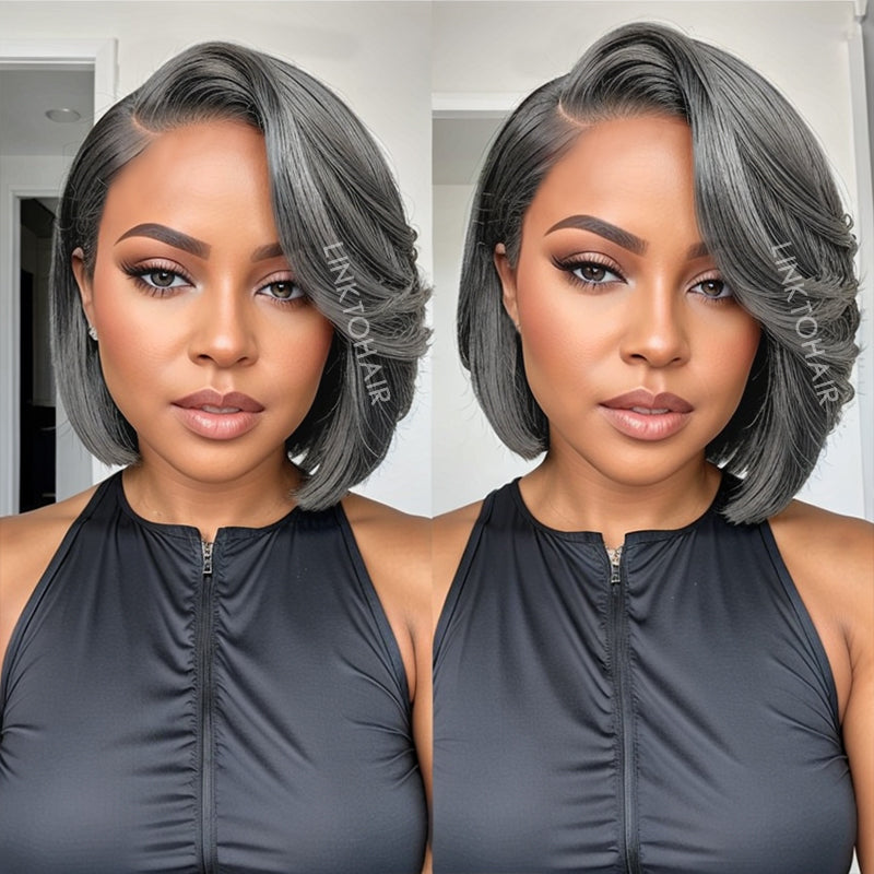 Linktohair Salt & Pepper Glueless Short Bob 5x5 Closure Lace Human Hair Wig