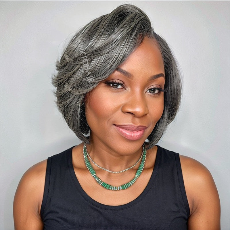 Linktohair Salt And Pepper Glueless Short Bob 5x5 Closure Lace Human Hair Wig