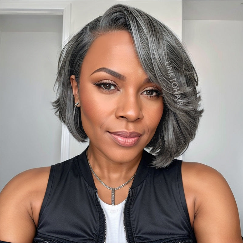 Linktohair Salt And Pepper Glueless Short Bob 5x5 Closure Lace Human Hair Wig