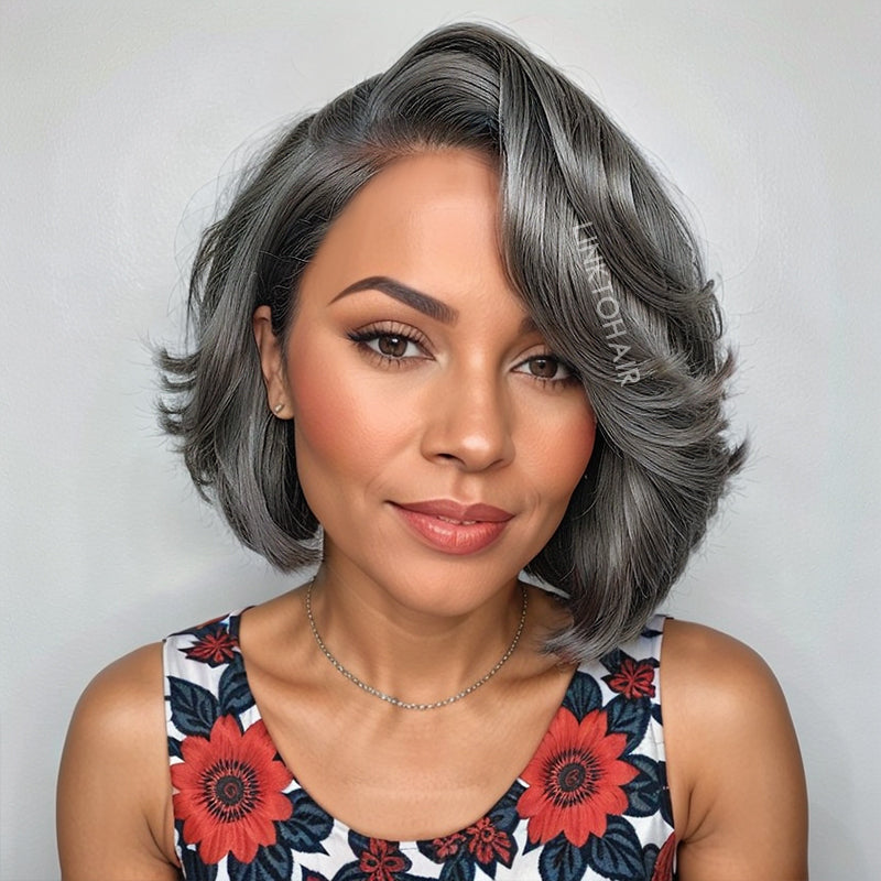 Linktohair Salt And Pepper Glueless Short Bob 5x5 Closure Lace Human Hair Wig