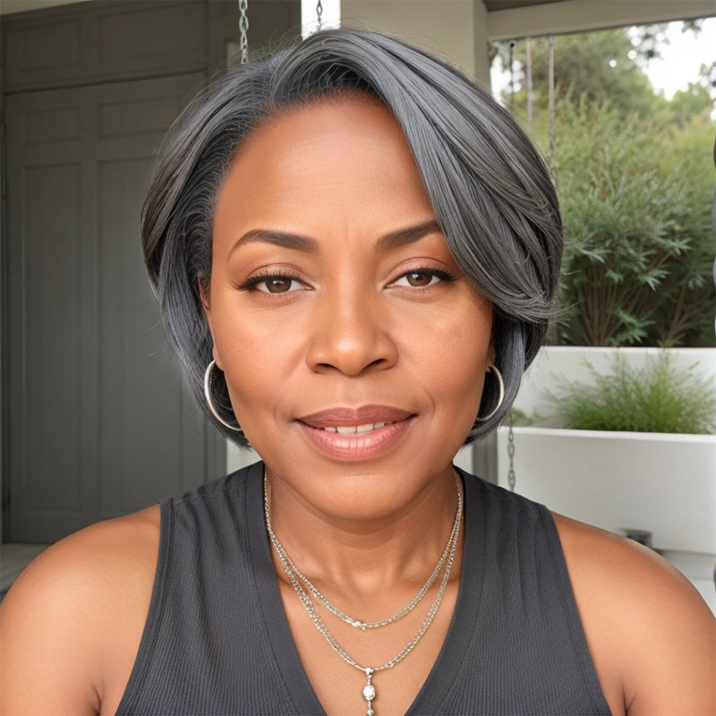 Linktohair Salt And Pepper 5x5 Closure Lace C Part Pixie Cut Short Wig Human Hair