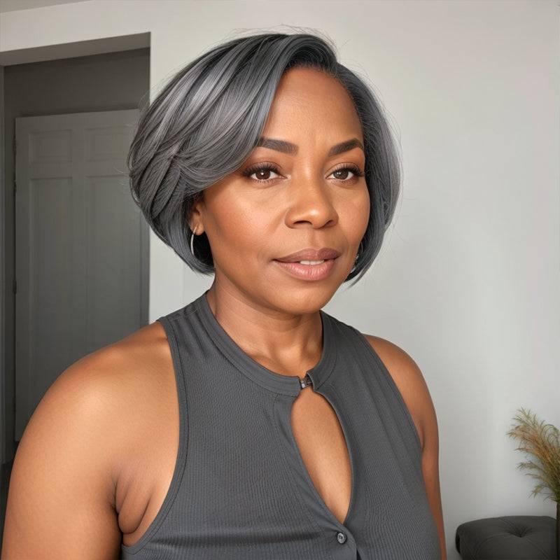 Linktohair Salt And Pepper 5x5 Closure Lace C Part Pixie Cut Short Wig Human Hair