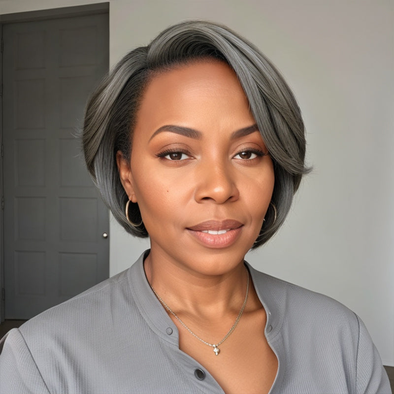 Linktohair Salt And Pepper 5x5 Closure Lace C Part Pixie Cut Short Wig Human Hair