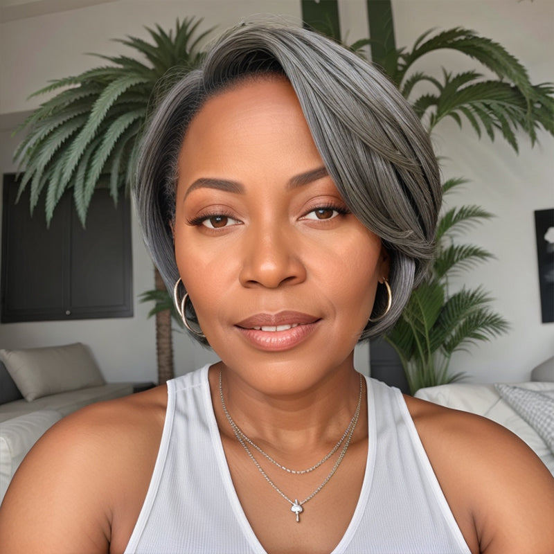 Linktohair Salt And Pepper 5x5 Closure Lace C Part Pixie Cut Short Wig Human Hair