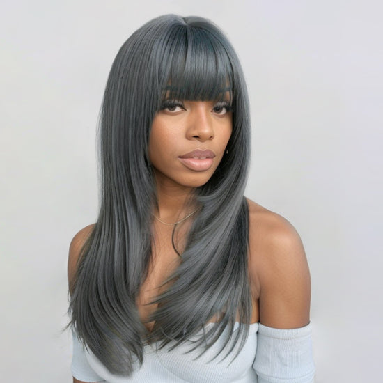 Trendy Design & Color | Salt & Pepper Silky Straight with Bangs 100% Human Hair
