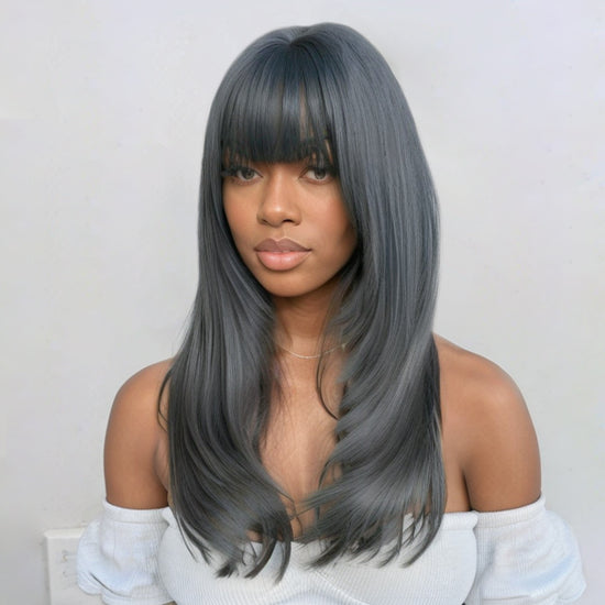 Trendy Design & Color | Salt & Pepper Silky Straight with Bangs 100% Human Hair
