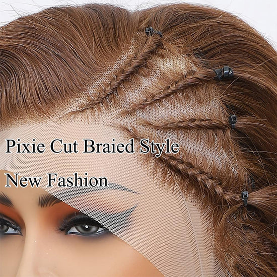 Medium Brown/Natural Black Short Pixie Braided Hairstyle Wig 13x4 Lace Front Straight Wigs For Black Women
