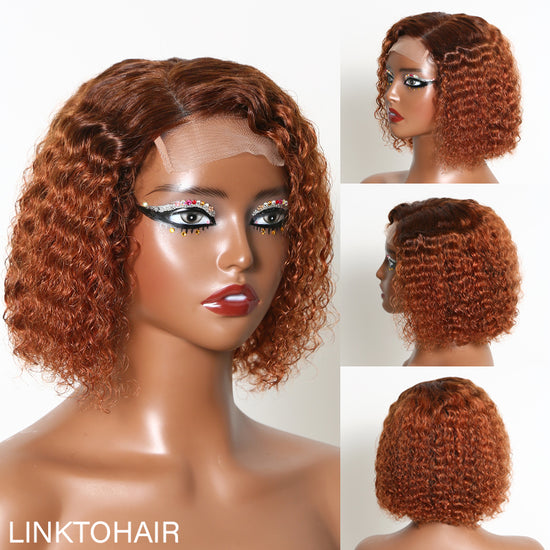 Mix Brown Short Cut Curly 5x5 Lace Glueless Human Hair Wig | Trendy Side Part Design