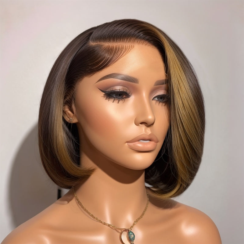 Mix Ombre Brown Glueless 5x5 Closure Lace Wig Side Part Short Bob Human Hair Wigs