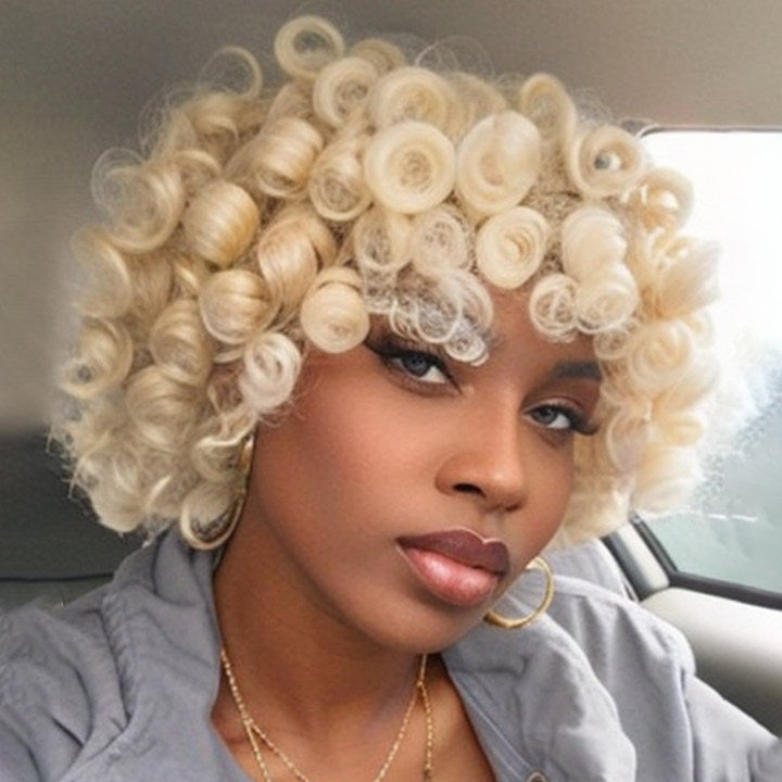 Beginner Friendly  613 Blonde Bouncy Curly Bob Wig With Bangs 100% Human Hair