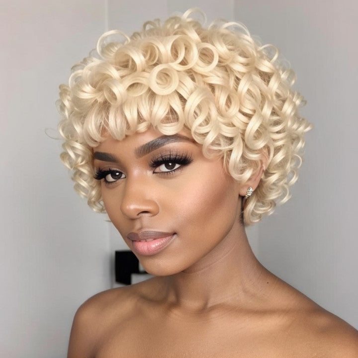 Beginner Friendly  613 Blonde Bouncy Curly Bob Wig With Bangs 100% Human Hair