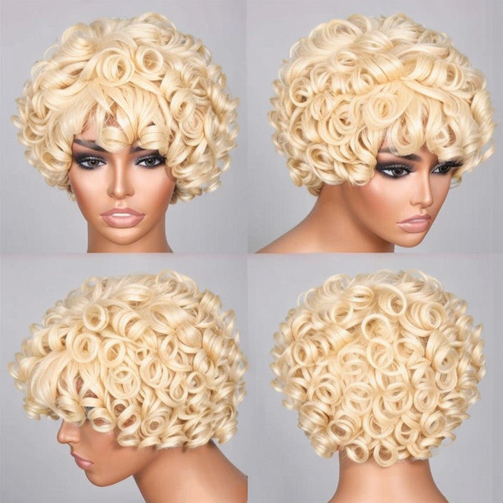 Beginner Friendly  613 Blonde Bouncy Curly Bob Wig With Bangs 100% Human Hair