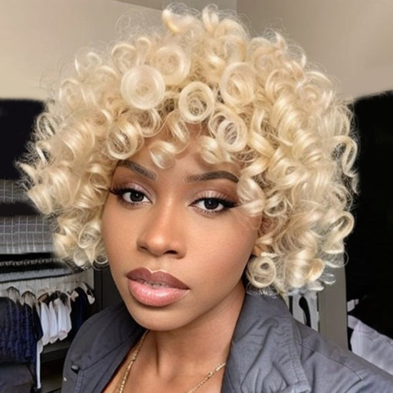 Beginner Friendly  613 Blonde Bouncy Curly Bob Wig With Bangs 100% Human Hair