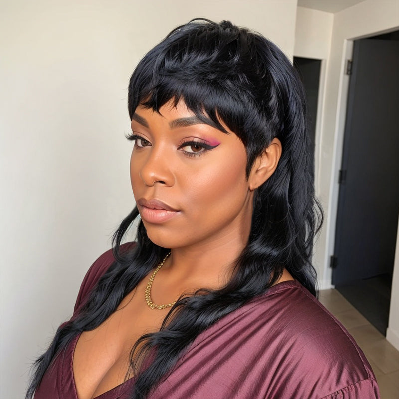 Mullet Haircut Wig Human Hair 80s 90s Glueless Wolftail Wig With Bangs