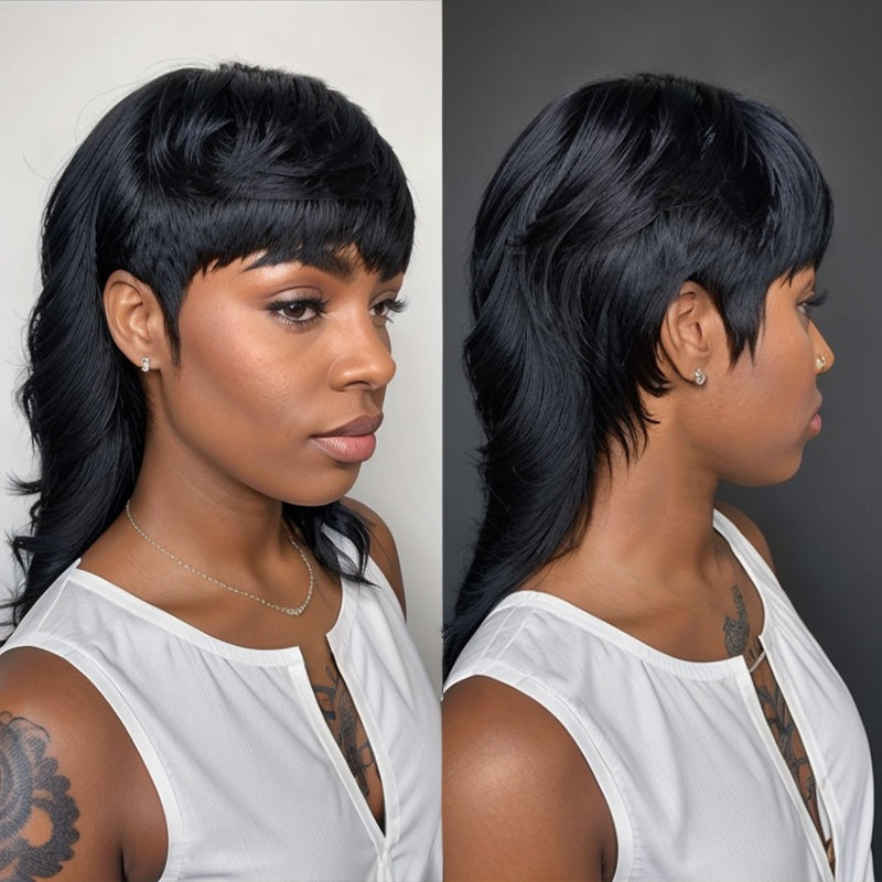 Mullet Haircut Wig Human Hair 80s 90s Glueless Wolftail Wig With Bangs