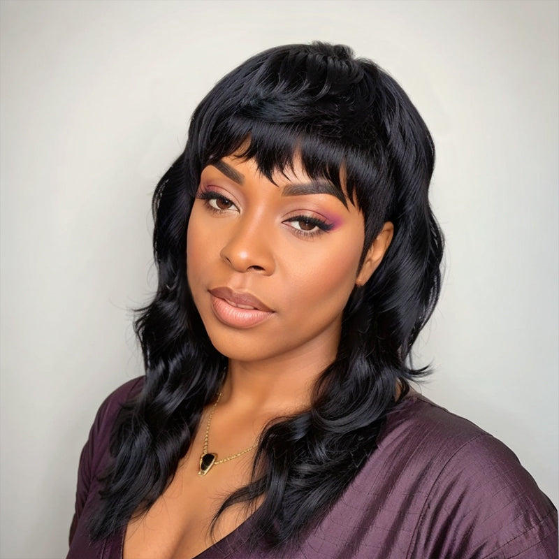 Mullet Haircut Wig Human Hair 80s 90s Glueless Wolftail Wig With Bangs
